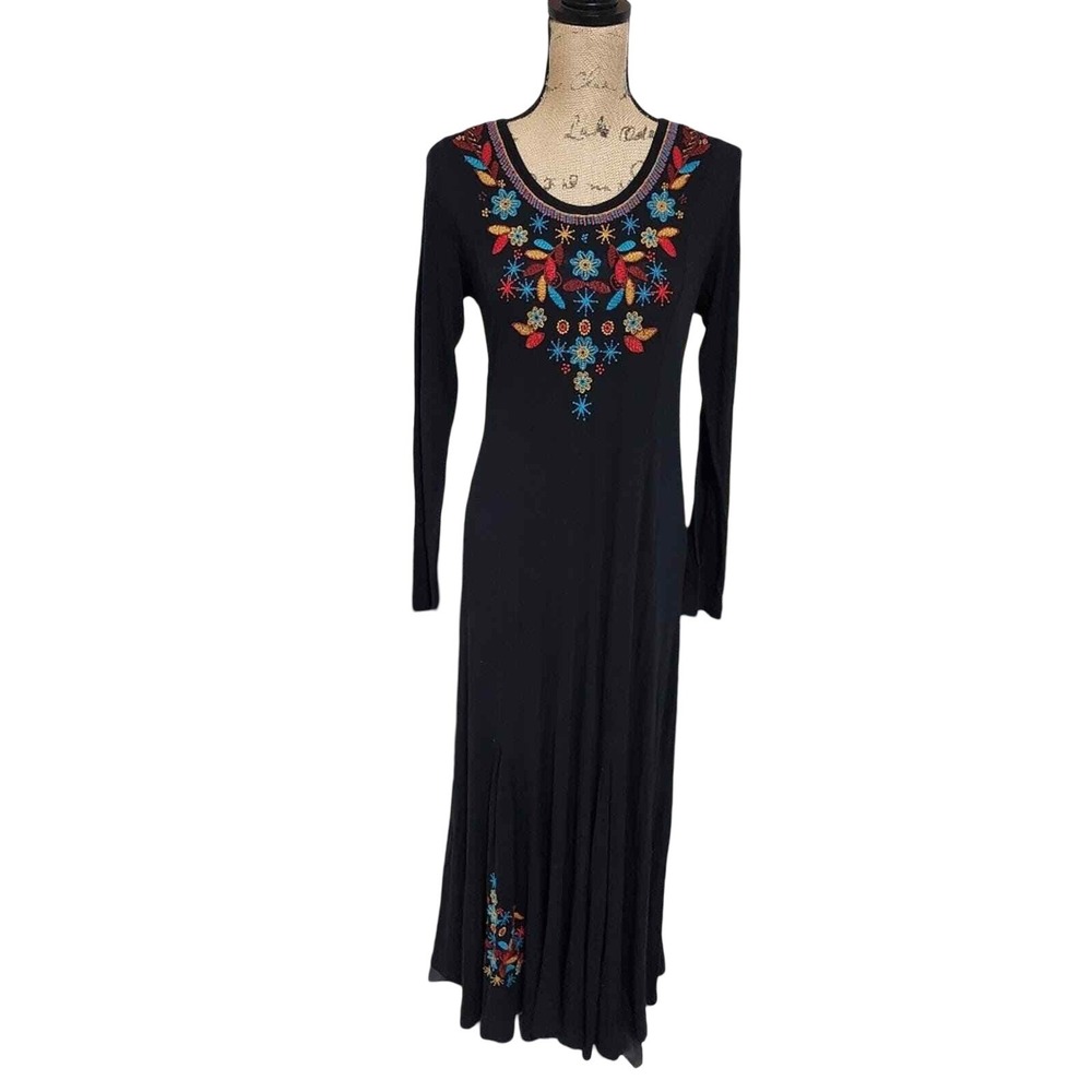Soft Surroundings boho long sleeve stretch knit embroidered maxi dress size XS